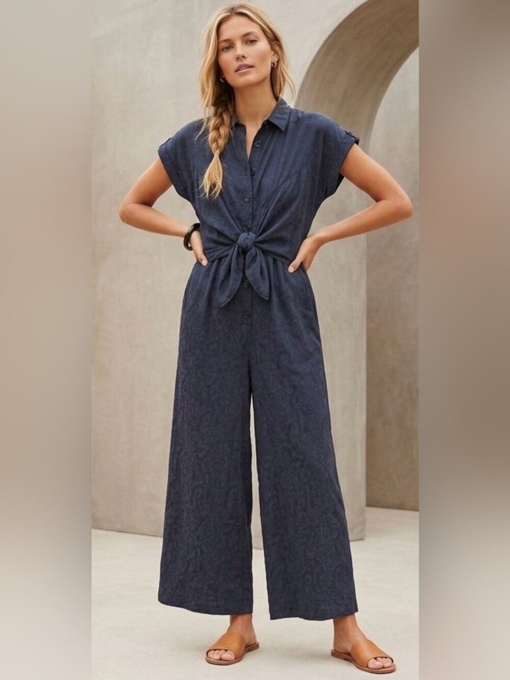 Ett:Twa Anthropologie Navy Patterned James Tie-Waist Jumpsuit Size 2